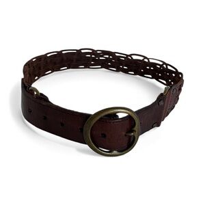 Brown Riveted braided Chucky Leather Belt with gold bronze tone ring buckle